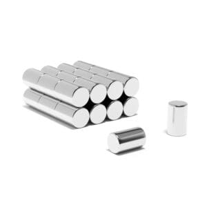 Round Circular Cylinder Rod Neodymium magnet with dimensions 6mm x 10mm, grade N54, featuring a nickel-copper-nickel coating and an 1.98KG pull force, commonly used in DIY, crafts, furniture design, fixings, kitchen design, sale display units, scale models, lock mechanisms, science experiments, computing and many more.