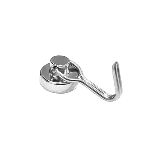 Magnetic Swivel Hook featuring a powerful magnetic base and a 360° rotating hook for maximum flexibility with dimensions 16mm, grade N35, featuring a nickel-copper-nickel coating and an 7.50KG pull force. Perfect for hanging tools, decorations, or supplies, they allow easy positioning and secure attachment to any magnetic surface.
