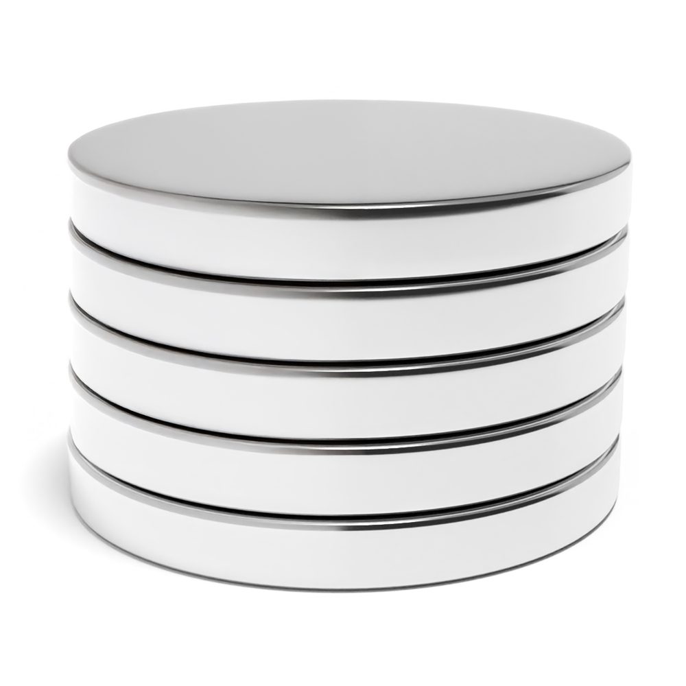 Round Circular Disc Neodymium magnet with dimensions 40mm x 5mm, grade N38, featuring a nickel-copper-nickel coating and an 12.81KG pull force, commonly used in DIY, crafts, furniture design, fixings, kitchen design, sale display units, scale models, lock mechanisms, science experiments, computing and many more.