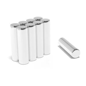 Round Circular Cylinder Rod Neodymium magnet with dimensions 7mm x 25mm, grade N52, featuring a nickel-copper-nickel coating and an 2.88KG pull force, commonly used in DIY, crafts, furniture design, fixings, kitchen design, sale display units, scale models, lock mechanisms, science experiments, computing and many more.
