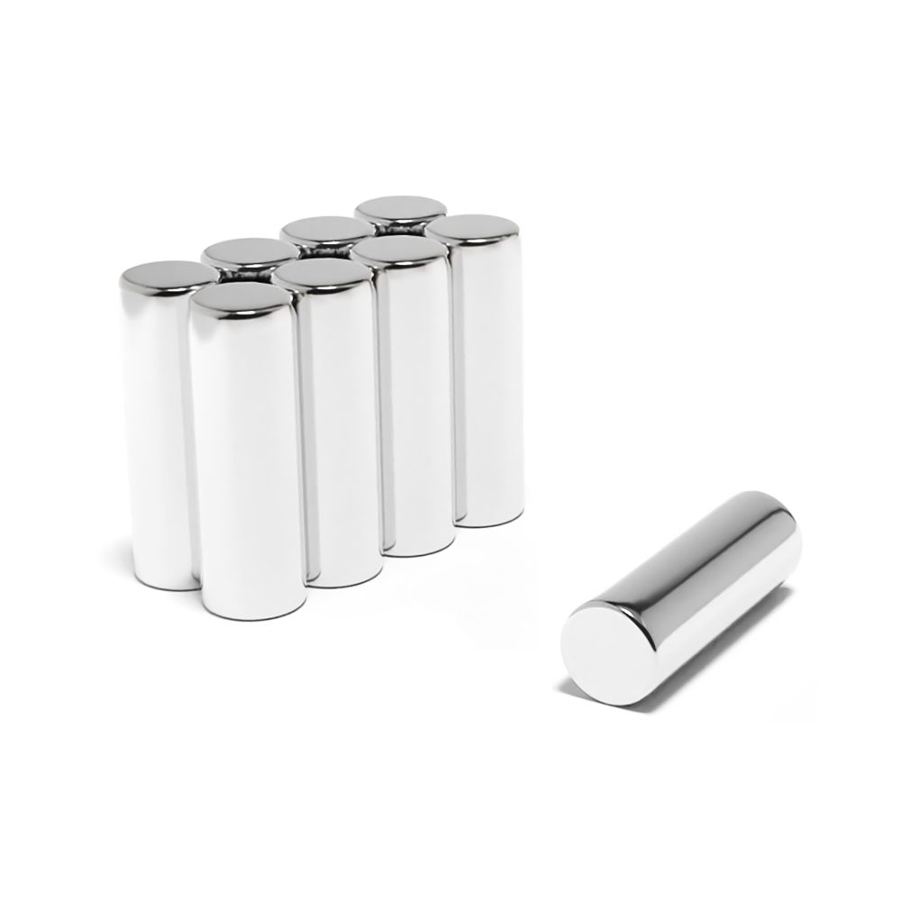 Round Circular Cylinder Rod Neodymium magnet with dimensions 8mm x 24mm, grade N38 , featuring a nickel-copper-nickel coating and an 2.74KG pull force, commonly used in DIY, crafts, furniture design, fixings, kitchen design, sale display units, scale models, lock mechanisms, science experiments, computing and many more.