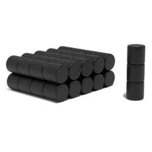 Black Cylinder Epoxy Neodymium magnet with dimensions 9mm x 9mm, grade N52 , featuring a nickel-copper-nickel coating and an 3.97KG pull force, commonly used for DIY, crafts, woodworking, furniture making, manufacturing and science experiments.