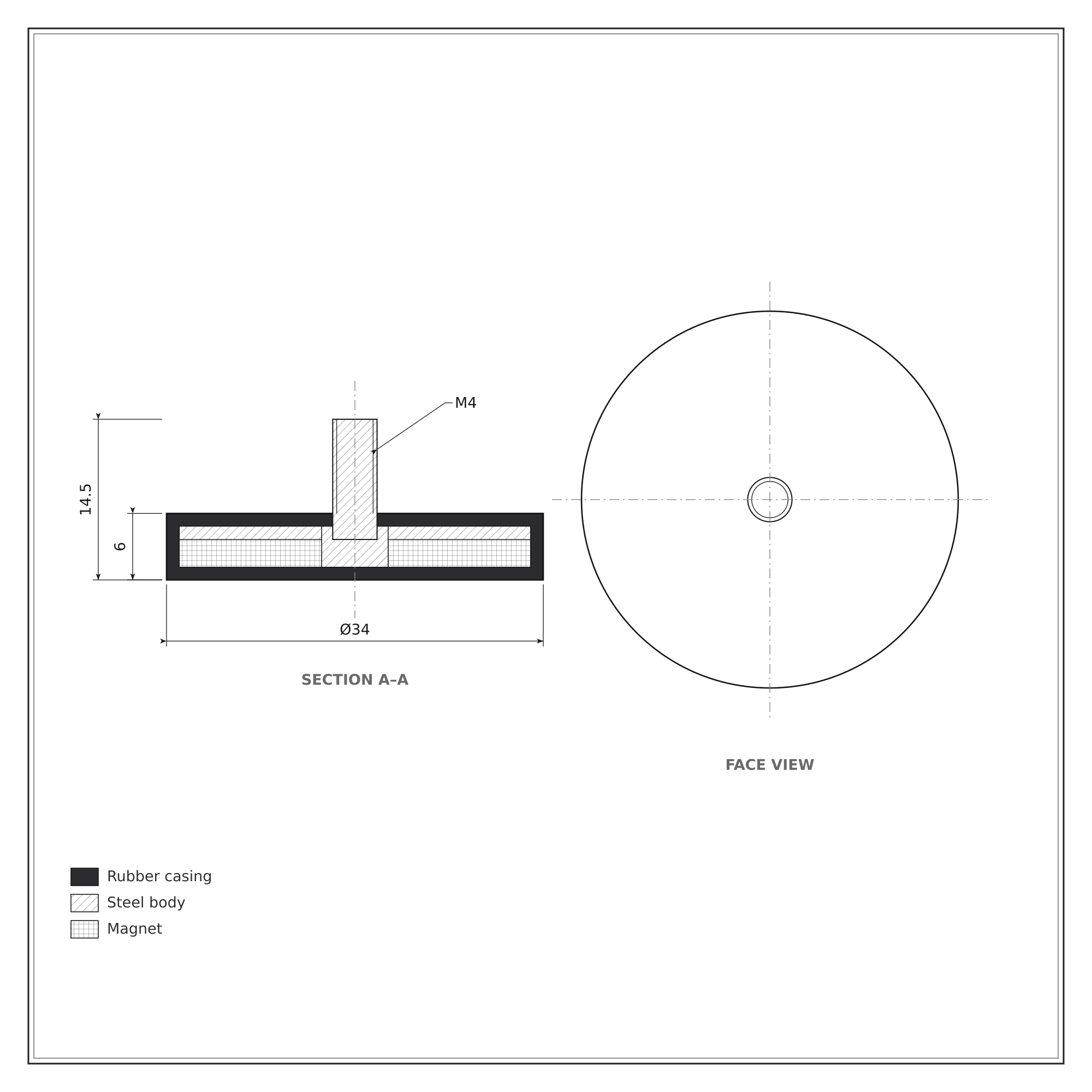 34mm x 14.5mm Rubber Coated Neodymium Disc Magnet with External Thread N35 (6KG Pull) - Image 2
